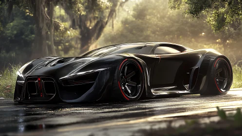 Futuristic black hypercar on wet forest road at sunrise.