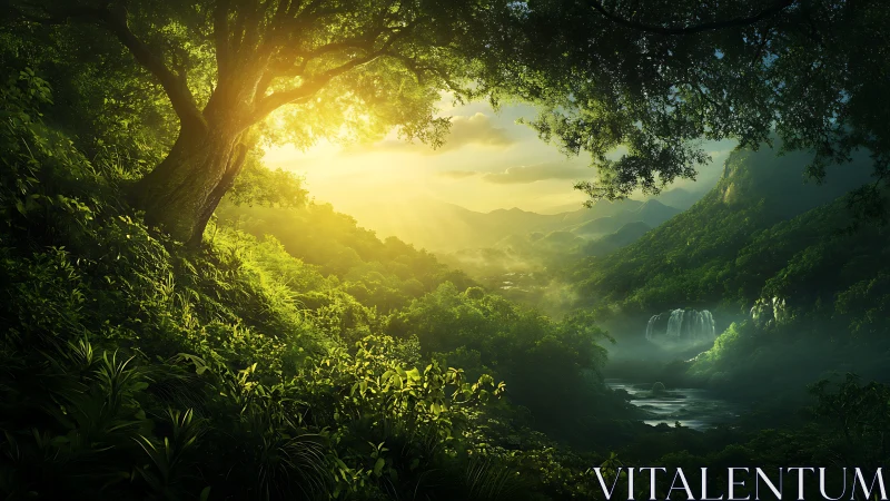 Golden Light Through Ancient Forest Canopy.