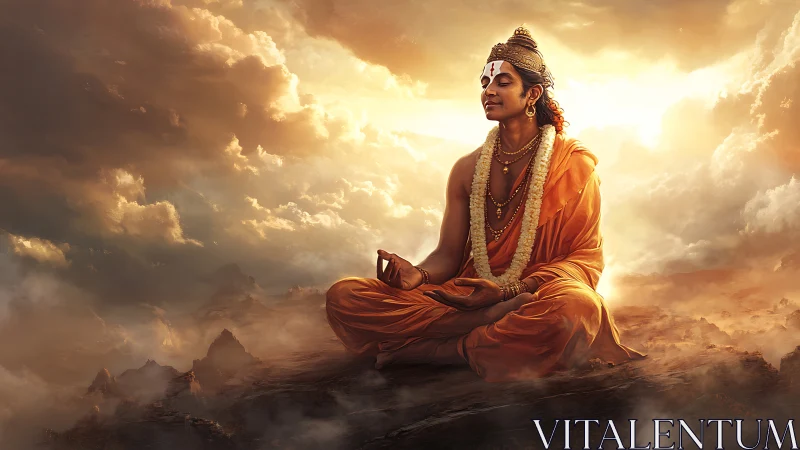 Meditating sage in glowing clouds of dawn serenity.