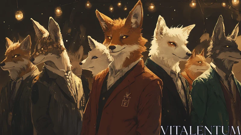 Group of anthropomorphic fox figures stand in formal suits