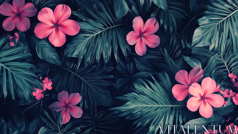 Vibrant Pink Flowers Bloom Among Lush Tropical Foliage