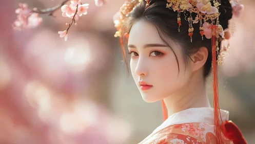 Springtime gaze of a blossom-crowned maiden in silk robes.