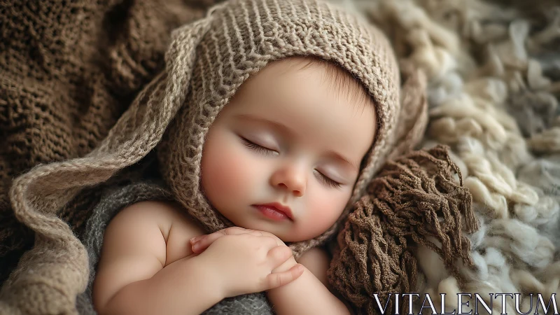 Sleeping newborn in knitted bonnet surrounded by textured fabrics.