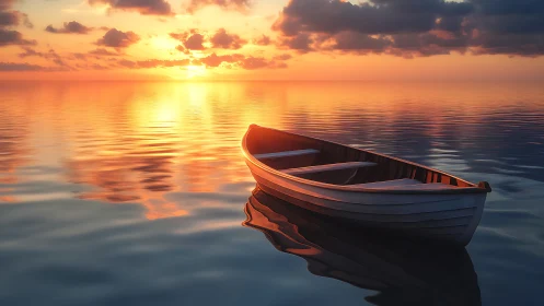 Solitary wooden rowboat drifts across a luminous sunset sea