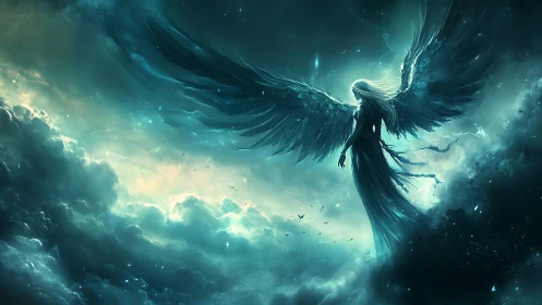 Winged female figure hovers in glowing teal storm clouds