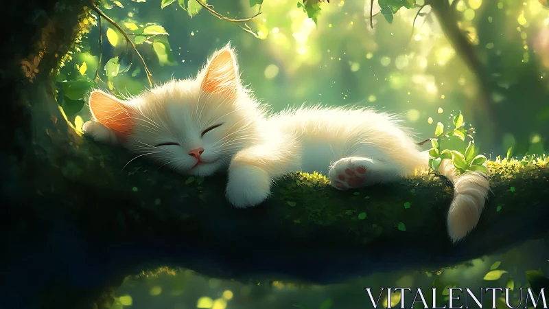 Resting white cat with orange ear markings in dappled woodland light