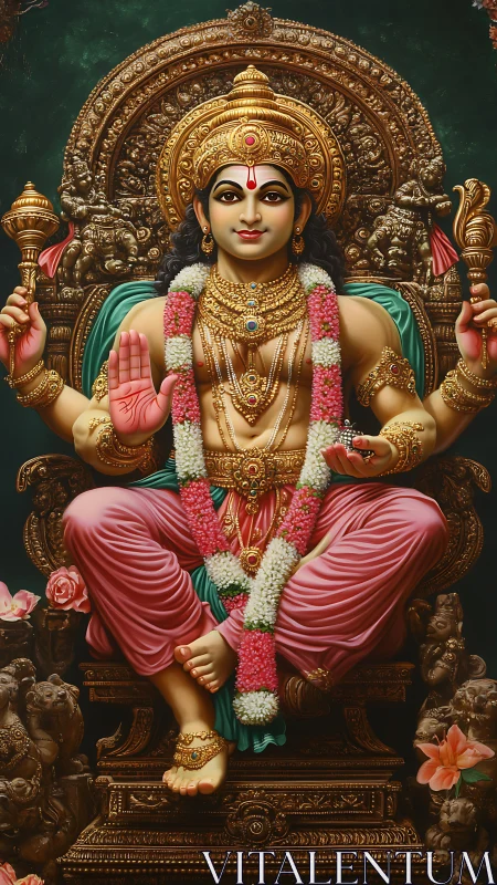 Divine Hindu deity seated on ornate gilded throne with garlands