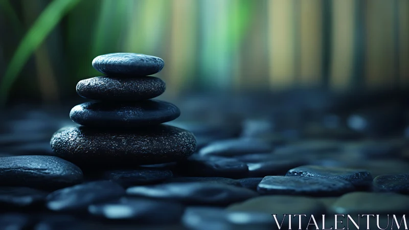 Stacked smooth stones on wet surface in soft focus setting.