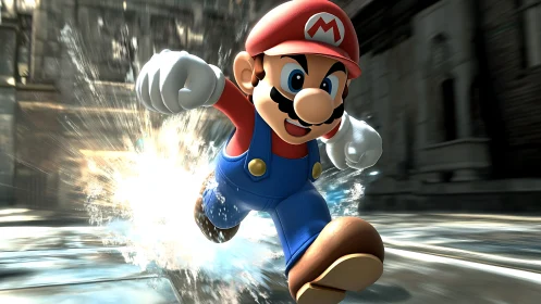 Joyful mustached hero dashes through a splash of adventure.