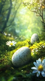 Speckled eggs rest in sunlit forest moss among daisies