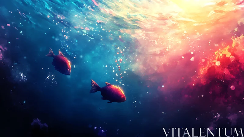 Bokeh‑lit tropical fish under refracted multicolor surface gradient