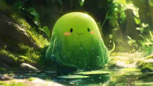 Smiling green slime spirit rests beside glowing forest pool.