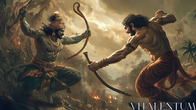 Two mythic warriors clash with bows in a stormy battle