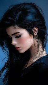 Melancholic girl in profile against deep blue background.