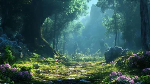 Forest ravine with volumetric atmospheric rendering and illuminated flora