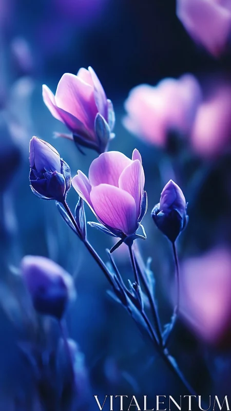 Pink Magnolia Blooms Against Deep Blue Nocturnal Gradient.