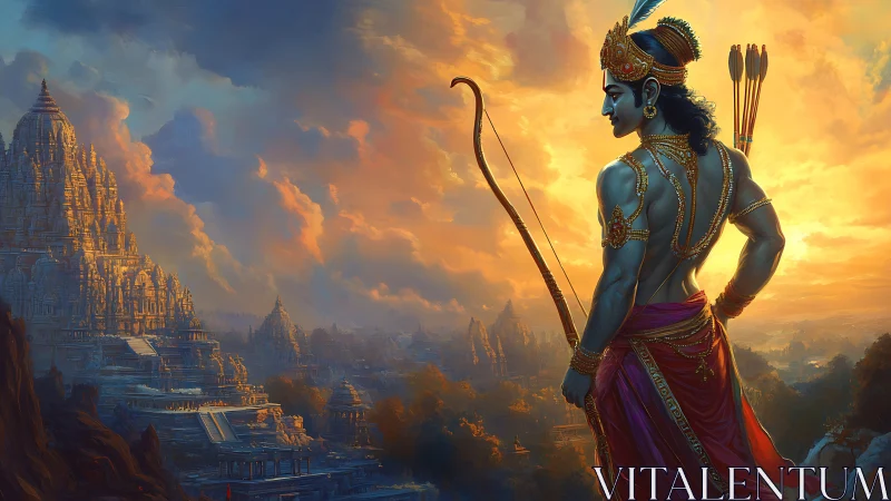 Heroic archer overlooks luminous temple city at sunset