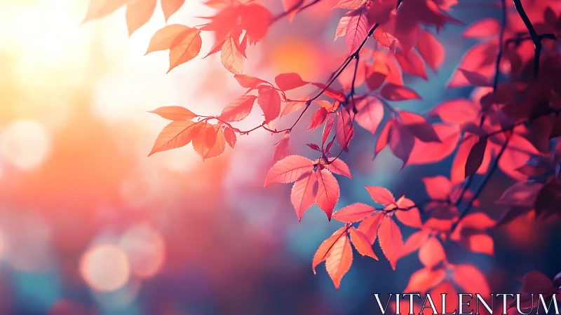 Scarlet autumn leaves glow softly in dreamy evening light