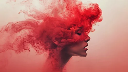 Surreal female profile dissolves into flowing crimson smoke