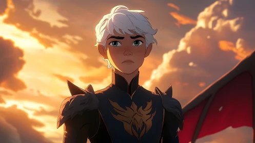 Young silver-haired warrior stares ahead at burning clouds.