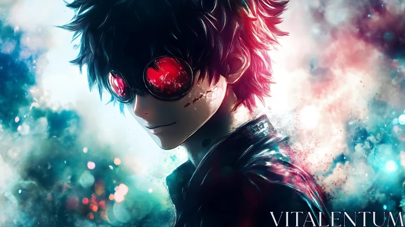 Chromatic vapor trail around red-lensed anime silhouette.