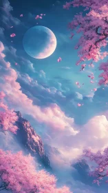 Moonlit sky with cherry blossoms over mountainous landscape.