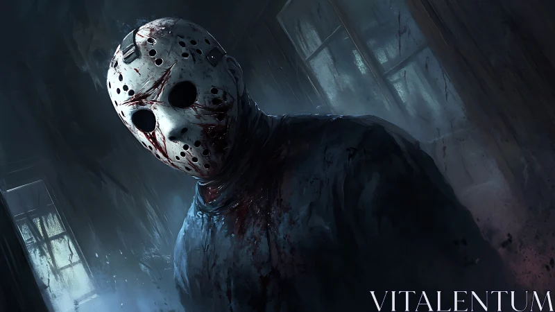 Hockey mask phantom stalks a rotting cabin of cold dread.