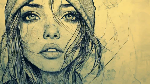 Ink-detailed female portrait with expressive beanie styling.