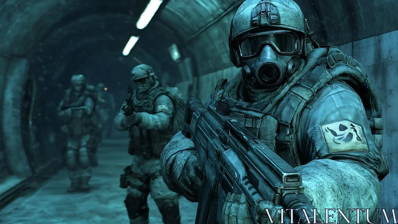 Tactical gas-masked squad advancing through icy tunnel corridor.