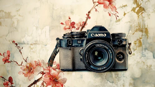 Vintage SLR camera with floral overlay on textured pastel wall