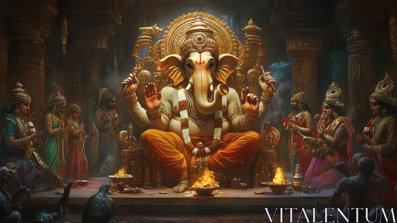 Ganesha sits enthroned in ornate temple surrounded by devotees