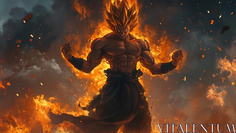 Inferno-charged warrior ignites amid storm-split skies.