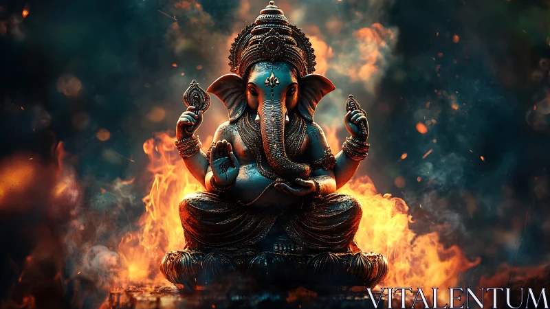 Ganesha statue glows amid firelit smoke and teal shadows.