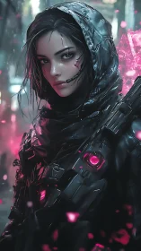 Neon hooded cyborg huntress stalks a rain-glossed alleyway.
