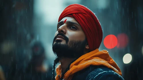 Man in red turban looks up in rainy city street at night.