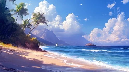Tropical Coastline with Mountain Vista and Sailboat.