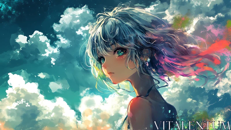 Skylit anime portrait with chromatic wind-swept hair.