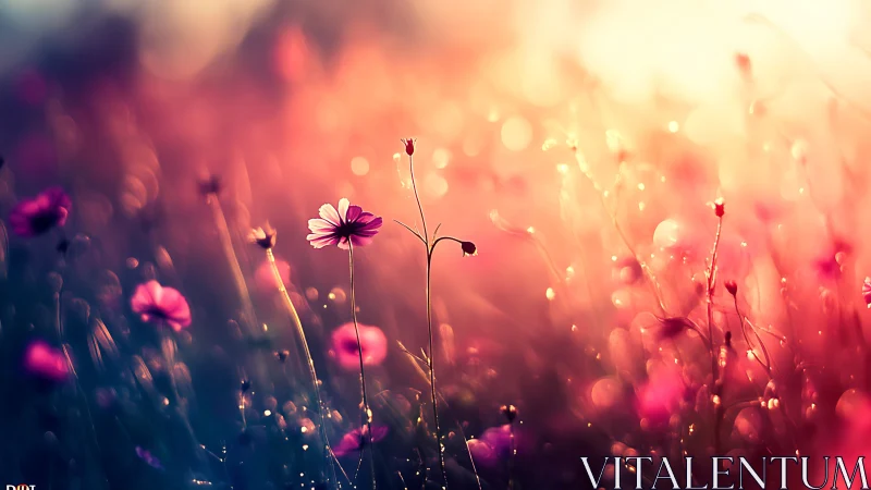 Cosmos flowers in soft-focus golden light at dusk.