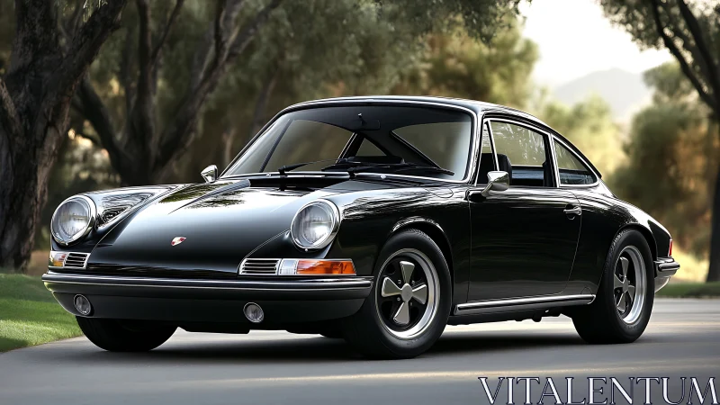 Classic black sports coupe gleams under soft park light.