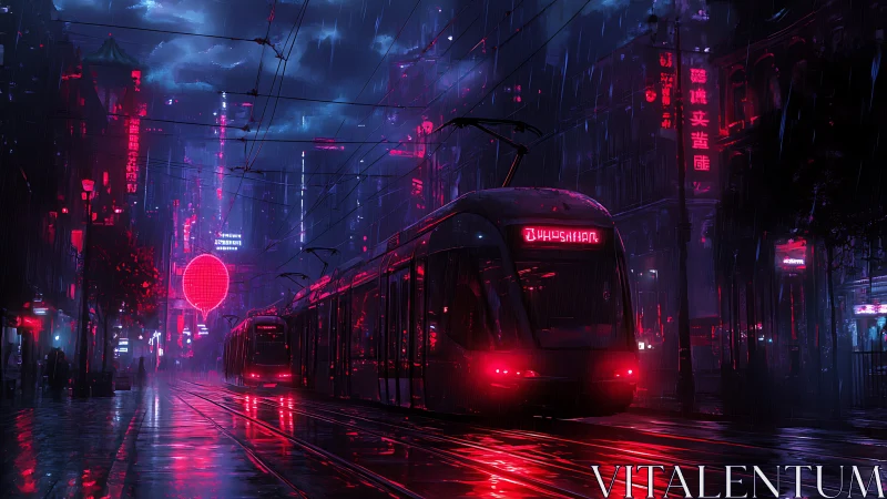 Neon night tram gliding through a rain-soaked cyber city.
