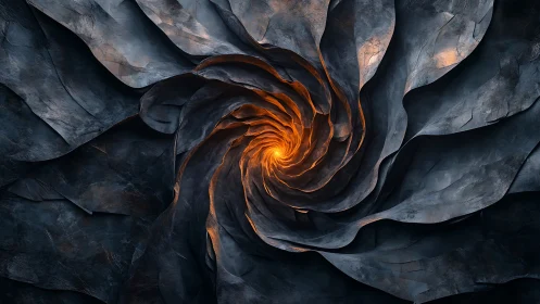 Glowing spiral core curls through layered stone like warm fire