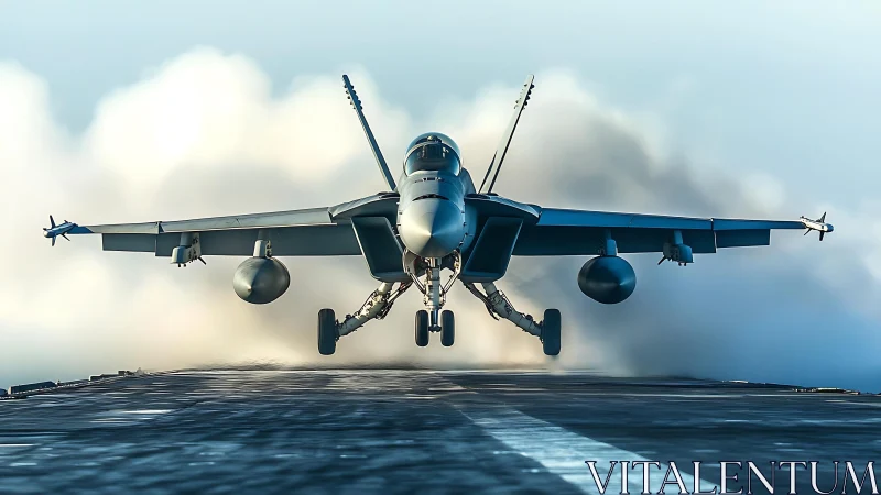 Carrier jet lifts off flight deck under dense exhaust cloud