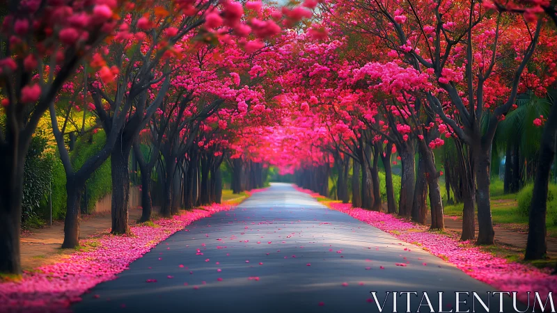 Blossom tunnel boulevard bathed in luminous springtime pinks.