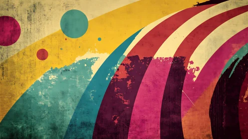 Radiant color waves arc across a dreamy retro sky