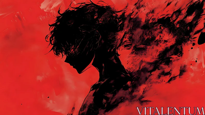 Silhouetted figure dissolving into abstract black ink on red.