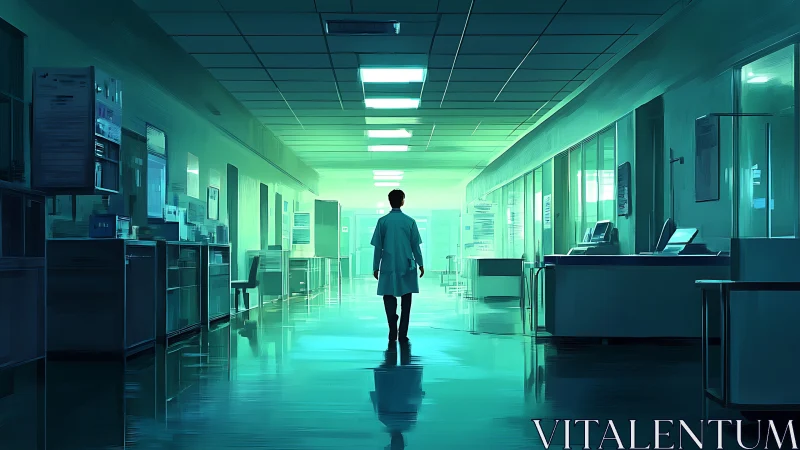 Quiet hospital corridor glowing with hopeful teal light.