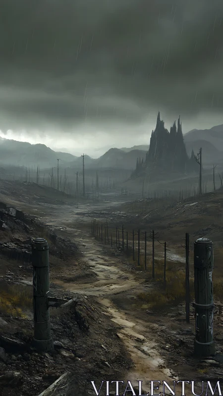 Desolate muddy road through ruined valley under storm clouds.