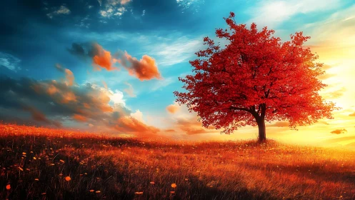 Solitary red tree anchors a saturated sunset meadow vista