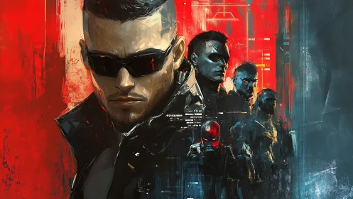 Cybernetic figures in fragmented red and teal environment.