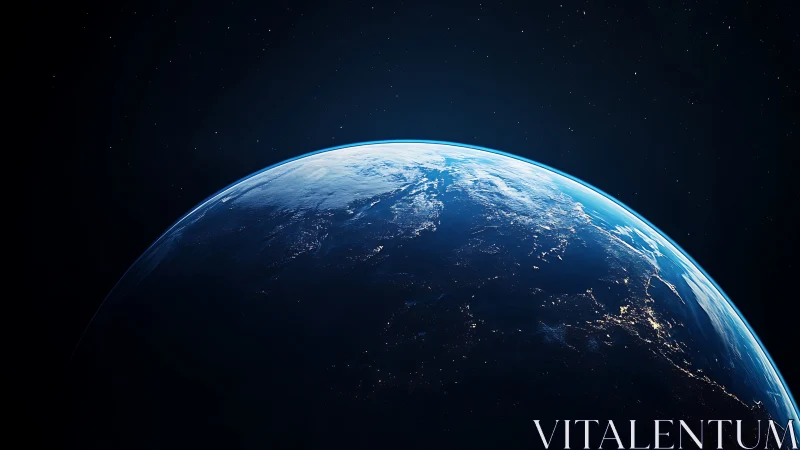 Earth horizon from space with glowing city lights at night.